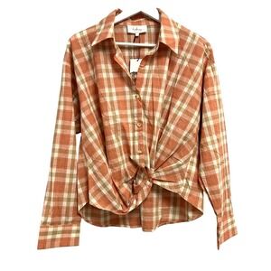 In February Shirt Womens Large Orange Plaid Button‎ Front Twist Hem Cotton Top